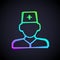 Glowing neon line Male doctor icon isolated on black background. Vector