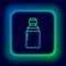 Glowing neon line Medical marijuana or cannabis leaf olive oil drop icon isolated on black background. Cannabis extract