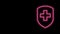 Glowing neon line Medical shield with cross icon isolated on black background. Protection, safety, password security. 4K