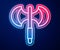 Glowing neon line Medieval poleaxe icon isolated on blue background. Vector