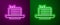 Glowing neon line Medovik icon isolated on purple and green background. Honey layered cake or russian cake Medovik on
