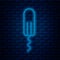 Glowing neon line Menstruation and sanitary tampon icon isolated on brick wall background. Feminine hygiene product