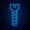 Glowing neon line Metallic screw icon isolated on brick wall background. Vector Illustration