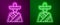 Glowing neon line Mexican man wearing sombrero icon isolated on purple and green background. Hispanic man with a