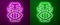 Glowing neon line Mexican mayan or aztec mask icon isolated on purple and green background. Vector