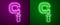 Glowing neon line Micrometer icon isolated on purple and green background. Measuring engineer tool. Universal device