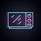 Glowing neon line Microwave oven icon isolated on black background. Home appliances icon. Vector