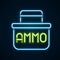 Glowing neon line Military ammunition box with some ammo bullets icon isolated on black background. Colorful outline