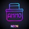 Glowing neon line Military ammunition box with some ammo bullets icon isolated on black background. Vector