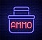 Glowing neon line Military ammunition box with some ammo bullets icon isolated on brick wall background. Colorful