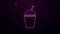 Glowing neon line Milkshake icon isolated on purple background. Plastic cup with lid and straw. 4K Video motion graphic