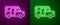 Glowing neon line Minibus icon isolated on purple and green background. Vector