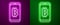 Glowing neon line Mining bitcoin from mobile icon isolated on purple and green background. Cryptocurrency mining