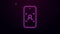 Glowing neon line Mobile phone and face recognition icon isolated on purple background. Face identification scanner icon