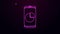 Glowing neon line Mobile phone with graph chart icon isolated on purple background. Report text file. Accounting sign