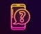 Glowing neon line Mobile phone with question icon isolated on black background. Vector