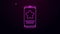 Glowing neon line Mobile phone with review rating icon isolated on purple background. Concept of testimonials messages