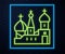 Glowing neon line Moscow symbol - Saint Basil`s Cathedral, Russia icon isolated on brick wall background. Vector
