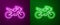 Glowing neon line Motorcycle icon isolated on purple and green background. Vector Illustration.