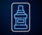 Glowing neon line Mouthwash plastic bottle icon isolated on brick wall background. Liquid for rinsing mouth. Oralcare