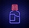 Glowing neon line Mouthwash plastic bottle icon isolated on brick wall background. Liquid for rinsing mouth. Oralcare