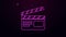 Glowing neon line Movie clapper icon isolated on purple background. Film clapper board. Clapperboard sign. Cinema