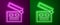 Glowing neon line Movie clapper icon isolated on purple and green background. Film clapper board. Clapperboard sign