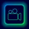 Glowing neon line Movie or Video camera icon isolated on black background. Cinema camera icon. Colorful outline concept