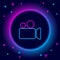 Glowing neon line Movie or Video camera icon isolated on black background. Cinema camera icon. Colorful outline concept