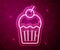 Glowing neon line Muffin icon isolated on red background. Vector