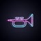 Glowing neon line Musical instrument trumpet icon isolated on black background. Vector