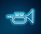 Glowing neon line Musical instrument trumpet icon isolated on blue background. Vector