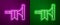 Glowing neon line Musical instrument trumpet icon isolated on purple and green background. Vector