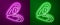 Glowing neon line Mussel icon isolated on purple and green background. Fresh delicious seafood. Vector