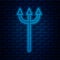 Glowing neon line Neptune Trident icon isolated on brick wall background. Vector