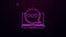 Glowing neon line New chat messages notification on laptop icon isolated on purple background. Smartphone chatting sms