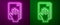 Glowing neon line Oath on the Holy Bible icon isolated on purple and green background. The procedure in court. Truth and