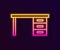 Glowing neon line Office desk icon isolated on black background. Vector Illustration