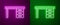 Glowing neon line Office desk icon isolated on purple and green background. Vector