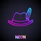 Glowing neon line Oktoberfest hat icon isolated on black background. Hunter hat with feather. German hat. Vector