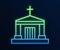 Glowing neon line Old crypt icon isolated on blue background. Cemetery symbol. Ossuary or crypt for burial of deceased