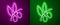 Glowing neon line Olives branch icon isolated on purple and green background. Vector