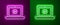Glowing neon line Online play video icon isolated on purple and green background. Laptop and film strip with play sign