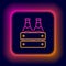 Glowing neon line Pack of beer bottles icon isolated on black background. Wooden box and beer bottles. Case crate beer