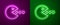 Glowing neon line Pacman with eat icon isolated on purple and green background. Arcade game icon. Pac man sign. Vector