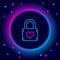 Glowing neon line Padlock with heart icon isolated on black background. Locked Heart. Love symbol and keyhole sign