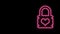 Glowing neon line Padlock with heart icon isolated on black background. Locked Heart. Love symbol and keyhole sign. 4K