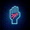 Glowing neon line Palmistry of the hand icon isolated on brick wall background. Colorful outline concept. Vector