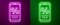 Glowing neon line Percent discount and mobile phone icon isolated on purple and green background. Sale percentage -
