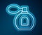 Glowing neon line Perfume icon isolated on blue background. Vector